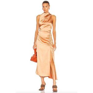 A.L.C. Inez Ruched Satin Midi Dress Sandstone Womens Size 00